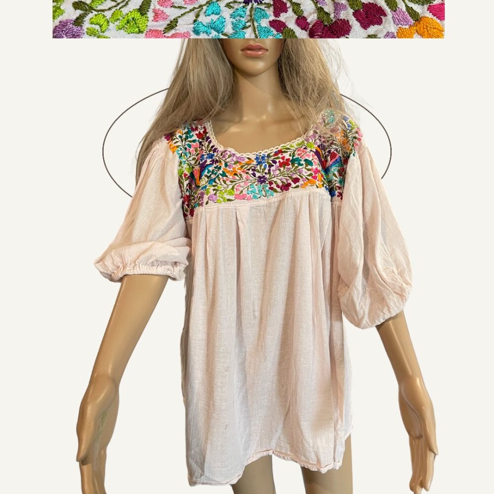 Vintage Mexican White Cotton Mini Dress or Tunic Top - Colorful Floral Embroider